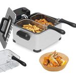 Electric Deep Fryer,1700W 5 Liters/20 Cups with 3 Frying Basket ,Adjustable Temperature, Lid with View Window, Polished Stainless Steel with 100Pcs 8Inch Fryer Paper, Perfect for Kitchen Chicken, Fry Fish, Chips and More