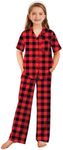 Arshiner Pajamas for Girls Short Sleeve Long Pants Outfit 2 Piece Sleepwear Button Pjs Sets Red Plaid 9-10 Years