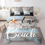 Erosebridal Tropical Hawaii Beach Bedding Queen Size 7 Pieces Coastal Starfish Comforter Set, Summer Bedding Comforter Sets Beach House Decor Bed in a Bag, Blue Grey Bedding Accessories