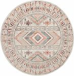 BoutiqueRugs Diem Boho Vintage Colorful Large Runner Rug - Farmhouse Traditional Medallion Pink Carpet for Living Room, Bedroom - Pink, Cream, Green, Red, Gray, Yellow - 5'3" Round