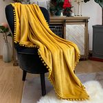 LOMAO Flannel Blanket with Pompom Fringe Lightweight Cozy Bed Blanket Soft Throw Blanket fit Couch Sofa Suitable for All Season(Mustard Yellow, 40'x 50')