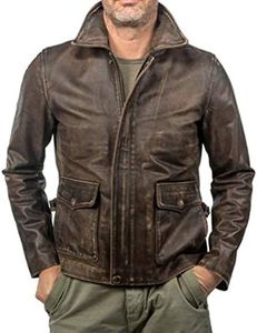 LP-FACON Mens Jones Vintage Distressed Brown Leather Jacket Harrison Ford, D2) Distressed Brown, Medium