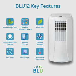 BLU12 12,000 BTU Portable Air Conditioner – Heat, Cool, Dehumidify, Remote, for Rooms up to 30m²