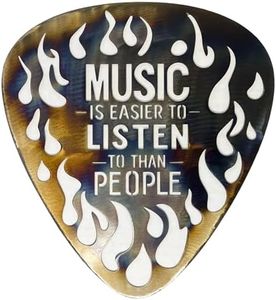 Metal Guitar Pick Wall Décor Art with Flame Accents – Music is Easier to Listen to Than People – Glossy Torched Iridescent Finish