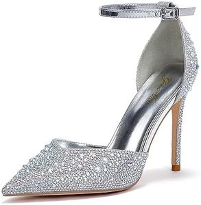Zhabtuc Décolleté con Tacco Alto da Donna Tacchi a Spillo con Strass 10 CM Tacchi a Punta Glitterati Tacchi Alti Sexy con Cinturino alla Caviglia Scarpe con Tacco per Il Matrimonio, Argento 39EU