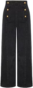Belle Poque Women Denim Pants Black Wide Leg Stretch High Waisted Dressy Pants Trousers with Pockets Black Size 12 Size 14