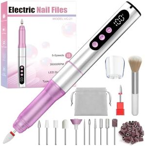 Oukzon Cordless Electric Nail Drill - 13 in 1 Nail File Kit 35000RPM, Professional Nail Drill Machine with LED Display, Dust Cover & 5 Speeds, Rechargeable Manicure Pedicure for Acrylic & Gel Removal