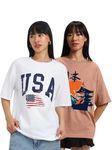 JUNEBERRY® 100% Pure Cotton Oversized Loose Baggy Fit Drop Shoulder Cool Graphic Prinred Half Sleeve T-Shirts for Women & Girls (PO2_JB_NTRCR_USAWT_XXL)