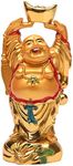 Resin Feng Shui Golden Laughing Buddha Holding Ingot Statue Wealth Luck Home Office Decor Collectible Gift 4.7'' TQZDBS014