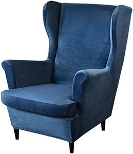 Stretch Wingback Chair Covers, 2 Piece Armchair Slipcover Velvet Wingback Sofa Chair Slipcover Non-Slip Furniture Protector for Living Room Bedroom (V-Navy Blue)