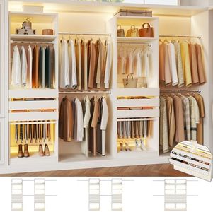 Closet System, 5.7-10.4FT Closet Organizer System with 6 Wood Drawers & LED Glasstop, Wood Walk-in Closet with 5 Hanging Rods & Trouser Rack, Built-in Wardrobe Garment Rack with Shelves & Tower,White