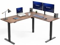 VIVO Corner Standing Desk, 63 x 55 inch Reversible L-Shaped Workstation, Electric Height Adjustment, Home, Office, and Reception Rooms, Dark Walnut Table Top Black Frame, DESK-E3CTD