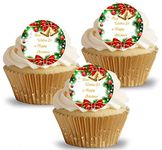 Best Wishes for a Happy Christmas b Edible Wafer/Rice Paper Cupcake Cake Toppers Christmas Party Decorations (Cupcake Toppers)