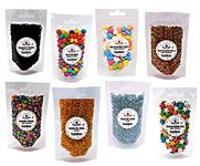 Sprinkles for cake decoration - Sparkling Sugar-Golden & Silver, Rainbow & Chocolate Strands Vermicelli, Heart, Star, Chocolate Buttons (Gems), Multicolored Balls - Pack of 8