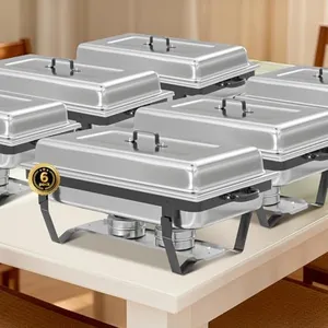 IMACONE Chafing Dish Buffet Sets of 6 8QT Stainless Steel Rectangular Chafers and Buffet Warmer Sets for Catering, with Food & Water Pan, Lid, Black Foldable Frame, Fuel Holder for Event Party