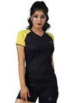 DECISIVE Fitness Ladies S & P V Neck Tshirts for Women, Quick Drying & Breathable, Gym Wear Tees & Workout Tops (Large(32" to 34" Chest), Black-Yellow)