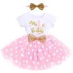 FYMNSI Infant Baby Girl My 1st First Birthday Party Dress Cotton Short Sleeve Polka Dots Tutu Tulle Skirt Sequin Bowknot Headband 2pcs Clothes Set Photo Props Pink