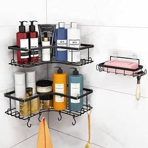 Vmiya 3 Pack Corner Shower Caddy with Soap Holder, Adhesive Corner Shower Organizer for Inside Shower Basket Rack Storage, Stainless Steel Bathroom Organizer with 4 Removable Hooks