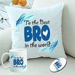 PICRAZEE “Best Bro in The World” Gift for Brother on Birthday | Raksha Bandhan (1 pc12”x12” Satin Cushion with Filler, Coffee Mug&Fridge Magnet) (Best Bro in The World)