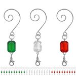 BANBERRY DESIGNS Christmas Ornament Hooks - Set of 60 Red, Green and Clear Beaded Hangers - Decorative Silver Wire S-Hook with Sparkling Gems - Holiday Seasonal Decorations