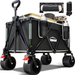 Overmont 150kg Festival Camping Trolley on Wheels - Heavy Duty Folding Wagon Cart with Extra Wide Wheels, 330lbs Capacity, Adjustable Handle, Portable for Outdoor, Garden, Shopping, Beach - Black