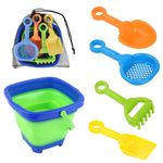 6pcs Beach Toys Set, Collapsible Bucket with 4 Shovels Sand Toys & Mesh Bag Foldable Portable Travel Beach Bucket Sand Toys for Kids Boys Girls Fun Summer Beach Party Activities (Blue)