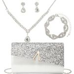 OUAYEMEL Glitter Evening Clutch Purse for Women Sparkly Shiny Handbag Ladies Wedding Prom Purse 4 Pieces Rhinestone Jewelry Set Silver