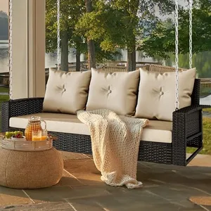YITAHOME 3-Seats Hanging Porch Swing Chair Outdoor Black Rattan Patio Swing Wicker Swing Lounge 3 Back Cushions Capacity for Garden, Balcony, Deck