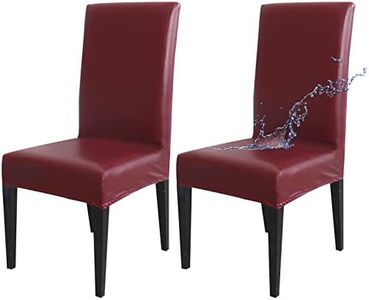 Jusmate Dining Chair Covers, Solid PU Leather Waterproof Oilproof Stretch Dining Chair Slipcover Chair Seat Protector Cover (Wine, 2 Pack)