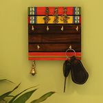 ExclusiveLane 'Tribal Borders' Home Decorative Wooden Key Holder for Home Décor Stylish (6 Hooks, Sheesham Wood, Warli Hand Painted)|Keychain Holder Key Hangers Key Stand Hanging Key Holder for Wall