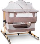 cutebeams Baby Bassinet, 3 in 1 Bedside Sleeper with Mattress and Mesh Sides, Mosquito Net, Storage Basket, Self Rocking, 5-Height Adjustable, Easy Assemble Crib for Newborn, Khaki