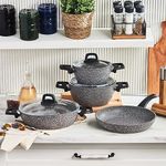 KARACA Gris BioGranite 4 Pieces Granite Cookware Pot and Pan Set. Non-Stick Coating, Natural Granite Copper Pots Pans and Glass Lids, 3 Pots with 3 Glass Lids and 1 Frying Pan, Granite Pots and Pans