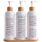 Prus Waso Shampoo and Conditioner Dispenser, Contains Shampoo Conditioner Body Wash Dispenser. Shower Soap Dispenser with Bamboo Pumps & Tray, Perfect for Modern Bathroom Decor. (White)