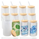 12 Pack Sublimation Glass Cans, 16oz Frosted Sublimation Beer Can Glass with Bamboo Lid, Clear Glass Mason Jar Tumbler Cups Mugs with Glass Straw for Beer, Iced Coffee, Juice, Soda, Drinks