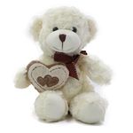 Teddy Bear 9” Plush with Heart and Neck Ribbon; White Stuffed Animal with Shiny Eyes; Gift for Kids Adults, Valentin Birthday Thank You Present Thanksgiving – Packed in Gift Box