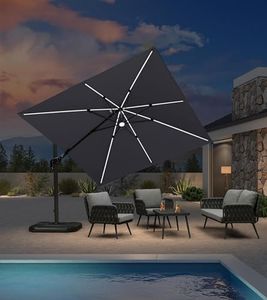 PURPLE LEAF 3 X 3 M Garden Cantilever Parasol, LED Swivel Square Patio Umbrella with Crank Handle and Tilt for Balcony and Outdoor, Light Grey