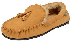 DUNLOP Mens Duke Moccasin Slippers Loafers Faux Suede Soft Faux Fur Lining with Outdoor Sole (7 UK, Tan)