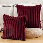 MADIZZ Set of 2 Faux Fur Plush Decorative Throw Pillow Covers 20x20 Inch Burgundy Fluffy Striped Soft Decorative Cushion Cover for Sofa Bedroom Pillow Shell