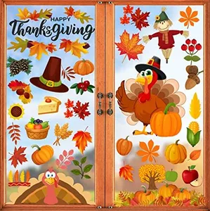 Happy Storm 158Pcs Thanksgiving Window Clings for Glass Window, Double Sided Fall Turkey Window Stickers Deals Decor for Home Office Decorations, Thanksgiving Decorations Indoor