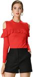 Allegra K Women's Long Sleeve Cut Out Cold Shoulder Ribbed Knit Slim Pullover Sweater XS Red