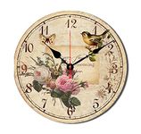 Cawtiuly 12 Inch Wood Wall Clock Silent Non-Ticking Wall Clocks for Office,Bathroom,Living Room,Dining Room,Kitchen Decoration, Flowers/Birds Style Round Hanging Clock