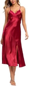 Alcea Rosea Women Satin Nightdress Chemise Lingerie Sexy Full Silp Long Dress Sleepwear for Elegant Ladies (Wine, M)