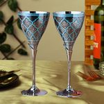 Professional Handicrafts Brass Wine Glasses, Metal Goblet, Champagne Flutes, Diwali, Wedding Anniversary Gift for Couple Marriage, Corporate Clients- Set of 2, Blue Margarita Design