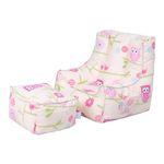 Ready Steady Bed Kids Bean Bag Chair With Footstool | Child Play Safe Soft Seat Playroom Sofa | Ergonomically Designed Toddler Armchair | Comfy Children Furniture (Owls)