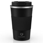 CS COSDDI Travel Mugs, Insulated Coffee Cup with Leakproof Lid - Reusable Coffee Cups Travel - Car Coffee Cup - Stainless Steel Coffee Mug for Hot and Cold Coffee Water and Tea (Black-A, 380 ml)