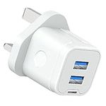 iPhone USB Plug,Dual USB Charger Plug Adaptor UK 3 Pin USB Mains Charger Double Port 5V 2Amp Phone Charging Plug for iPhone 15 14 13 12 11 Pro Max 10 XS X XR 8 7 6 6S Plus 5 SE 2020,iPad Pro/Air/Mini