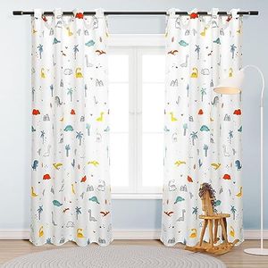 HOMEYA - Cortina Translucida Infantil 2 Unidades de 140 x 260 cm - Cortina jovenil con diseño Dinosaurio, Deja Pasar la luz, Semiopaca para Habitacion de niños. 100% Poliester