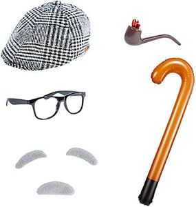 Lingway Toys Little Old Man Costume Kit Grandpa Accessories Beret Hat,Cigerate Holder,Glasses,Inflatable Cane,Eye Brows,Mustache for Kids 100th Day of School Celebration