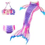 MZSYLK Mermaid Tail Kids Swimmable Costume 3PCS Bikini Set Bathing Suit Set Girl Bathing Suit Purple