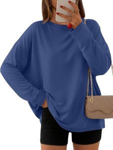 AUTOMET Women's Oversized Long Sleeve Shirts Casual Tops DarkBlue L